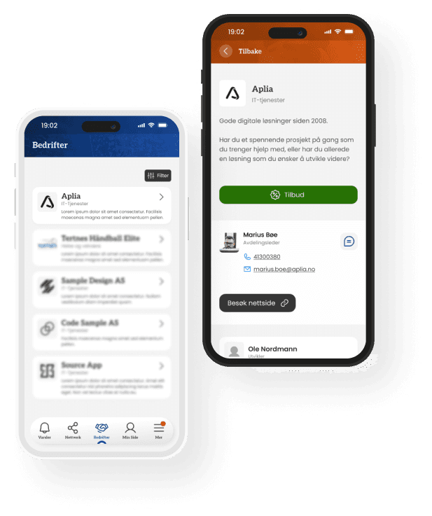 Mockup av to skjermer med bilder av appen