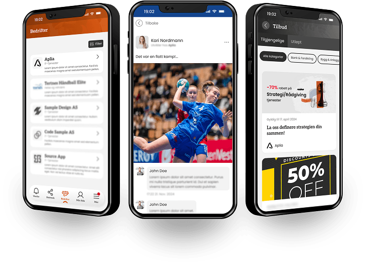 Mockup av appen vist på tre skjermer