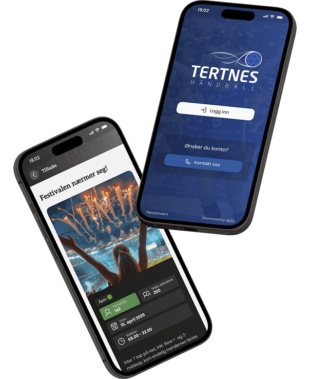 Mockup av to mobilskjermer med tertnes sin app